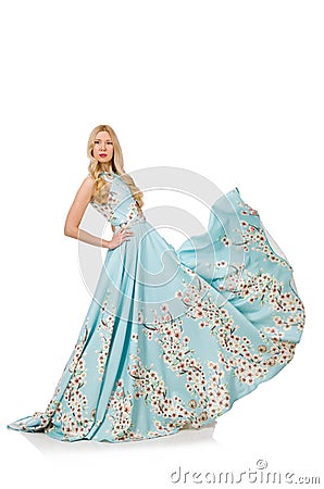 Woman in blue long dress with flower prints Stock Photo