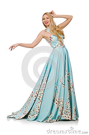 Woman in blue long dress with flower prints Stock Photo