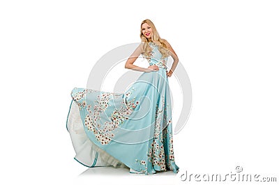 Woman in blue long dress with flower prints Stock Photo