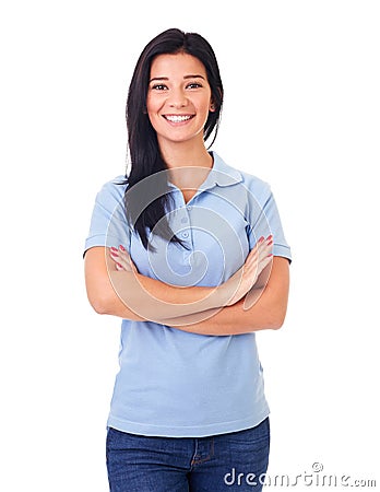 Woman in blue polo shirt with arms crossed Stock Photo