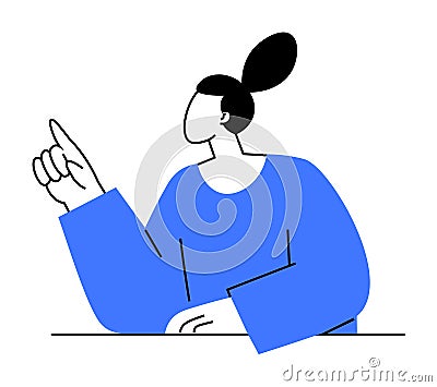 Woman with Blue Sweater Pointing Upwards, Suggesting an Idea or Concept Vector Illustration