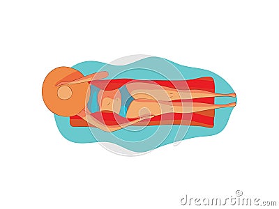 Woman sunbathes lying on an inflatable mattress. Back view. Vector illustration on white background. Vector Illustration