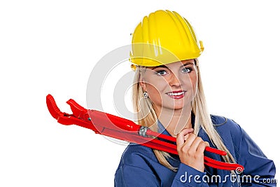 Woman in blue work Stock Photo