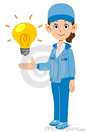 Woman in blue work clothes introducing an idea Vector Illustration