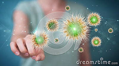 Woman analyzing coronavirus on microscopic close-up 3D rendering Stock Photo