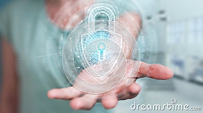 Womanusing digital padlock security interface to protect datas 3D rendering Stock Photo