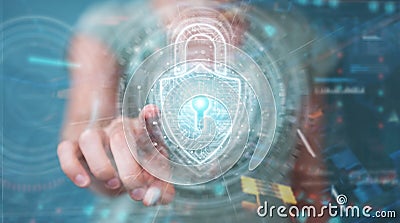 Womanusing digital padlock security interface to protect datas 3D rendering Stock Photo