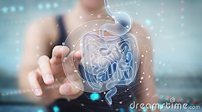 Woman using digital x-ray of human intestine holographic scan projection 3D rendering Stock Photo