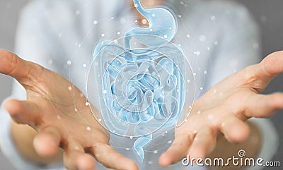 Woman using digital x-ray of human intestine holographic scan projection 3D rendering Stock Photo