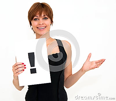 Woman with board exclamation point Stock Photo