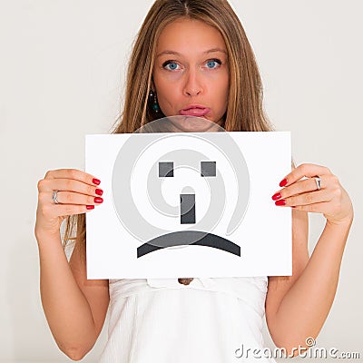 Woman with board sad emoticon face sign Stock Photo