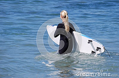 Woman board surfer heading out to the surf Laguna Beach, California. Editorial Stock Photo