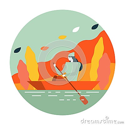 Woman boating in river. Vector Illustration