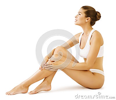 Woman Body Beauty, Model Girl Sitting in White Underwear Stock Photo