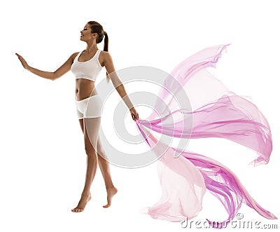 Woman Body Beauty in Sport White underwear with Waving Fabric Stock Photo