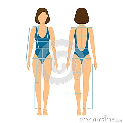 Woman Body Front and Back for Measurement. Vector Vector Illustration
