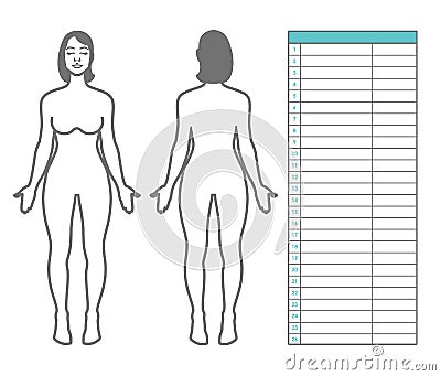 Woman body measurement. Scheme of measurement human body front and back. Table for entries and notes. Vector template for sewing Stock Photo