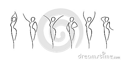 Woman body outline icons set. Various female line silhouettes, model, figure. Abstract image of girl sign for wellness Vector Illustration