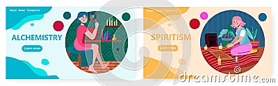 Woman boiling alchemy spiritual drink. Occult and divination vector concept illustration. Girl using divination board to Vector Illustration