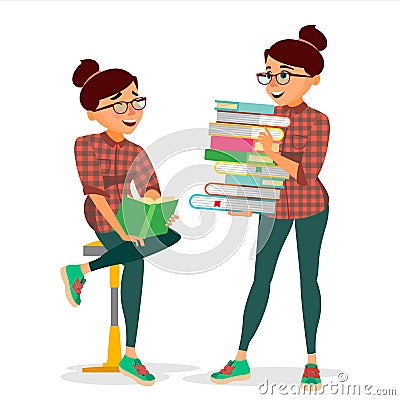 Woman In Book Club Vector. Carrying Large Stack Of Books. Studying Student. Library, Academic, School, University Vector Illustration