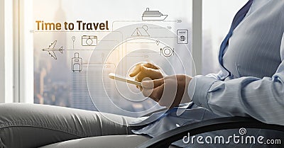 Woman booking a vacation using her smartphone Stock Photo