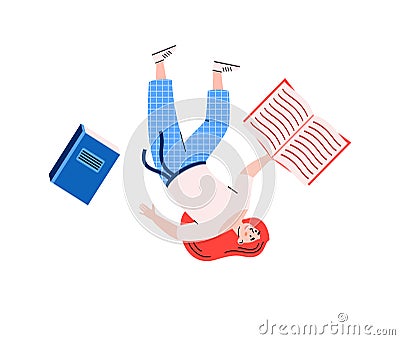 Woman with books floating in zero gravity, cartoon vector illustration isolated. Vector Illustration