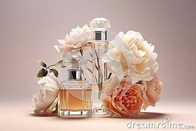 aroma woman perfume flower bottle smell scent glass fragrance design cosmetic. Generative AI. Stock Photo