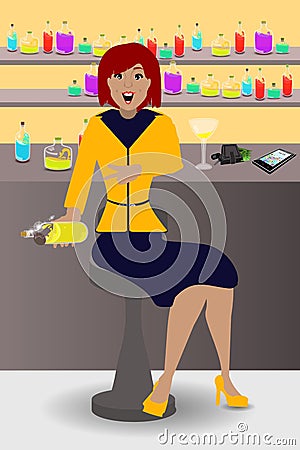 Woman with a bottle in the bar Cartoon Illustration