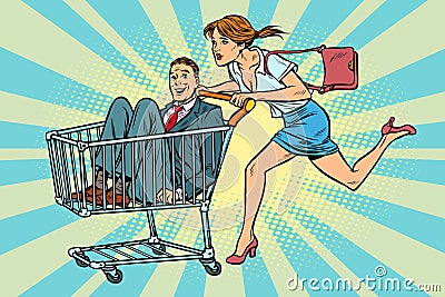 Woman bought a groom, shopping cart trolley sale Vector Illustration