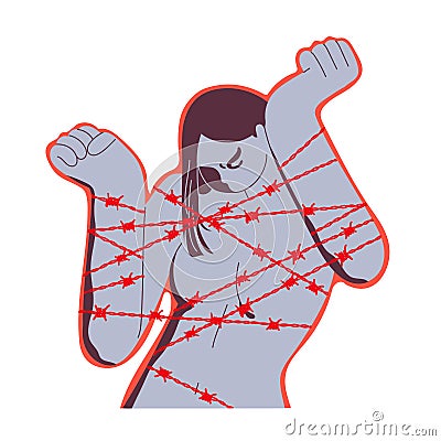 Woman bound by barbed wire, deprived of her freedom Vector Illustration