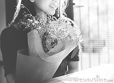 Woman Bouquet Cheerful Bar Waiting Flower Concept Stock Photo