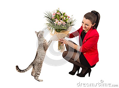 Woman bouquet flowers cat Stock Photo