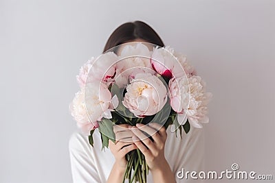 Woman bouquet peonies plants. Generate Ai Stock Photo