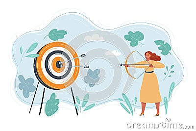 Woman with bow and arrow shot on target. Vector Illustration