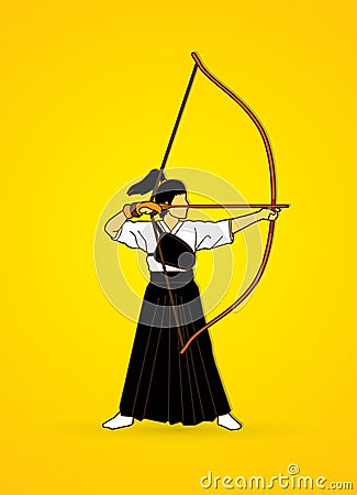 Woman bowing Kyudo Vector Illustration