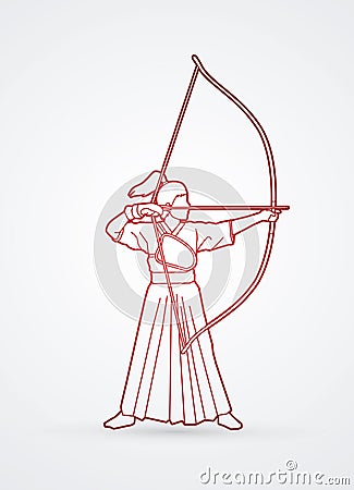 Woman bowing Kyudo Vector Illustration