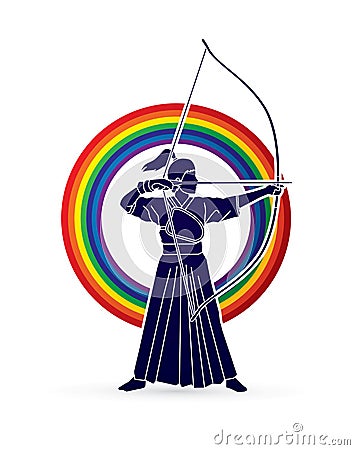 Woman bowing Kyudo Vector Illustration