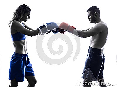 Woman boxer boxing man kickboxing silhouette isolated Stock Photo