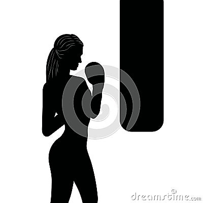 Woman boxing with black punching bag, icon in vector Vector Illustration