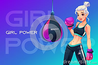 Woman in boxing gloves posing at punching bag Vector Illustration