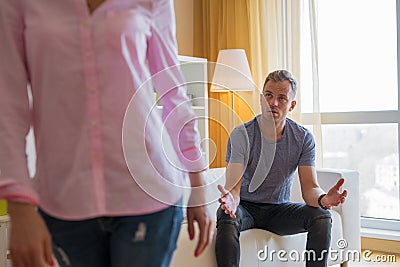 Woman breaking up with her boyfriend Stock Photo