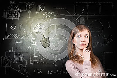 Woman and bright bulb over icons background. Stock Photo