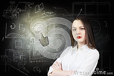 Woman and bright bulb over icons background. Stock Photo