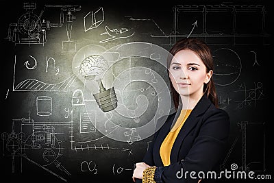 Woman and bright bulb over icons background. Stock Photo