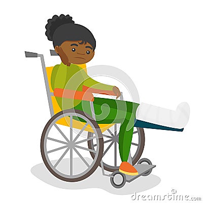 Woman with broken leg sitting in a wheelchair. Vector Illustration