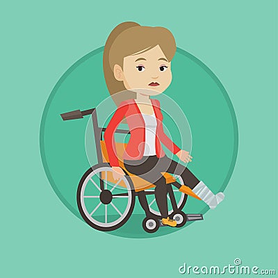 Woman with broken leg sitting in wheelchair. Vector Illustration