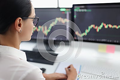 Woman broker is studying stock market closeup Stock Photo