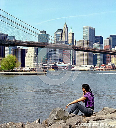 Woman in Brooklyn Bridge Park NYC USA Stock Photo