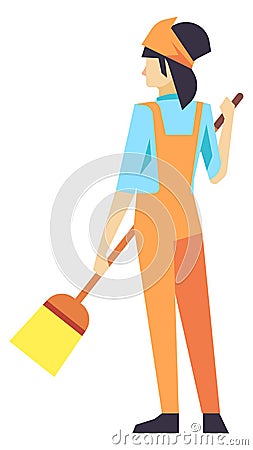 Woman with broomstick. Cleaning person in janitor uniform Vector Illustration