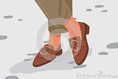 Woman in brown trendy leather loafers with golden buckle. Female legs in stylish comfortable elegant flat sole shoes Vector Illustration